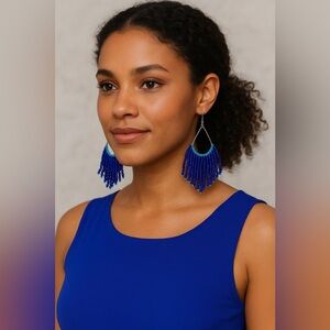 Vibrant Blue Beaded Fringe Earrings